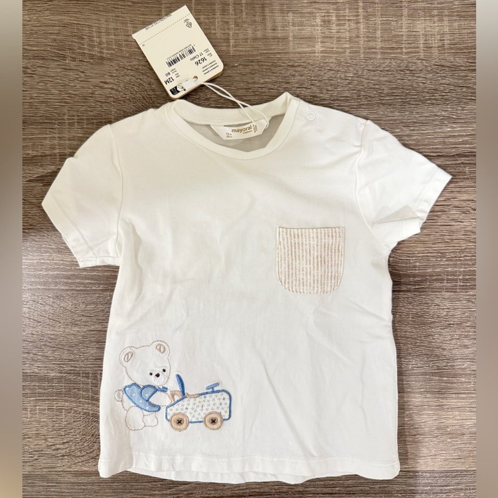 Mayoral White Baby T-Shirt with Bear and Car Design size 12 months NWT